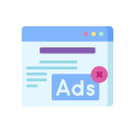 Stylized browser ad window with “Ads” text and a pink X badge