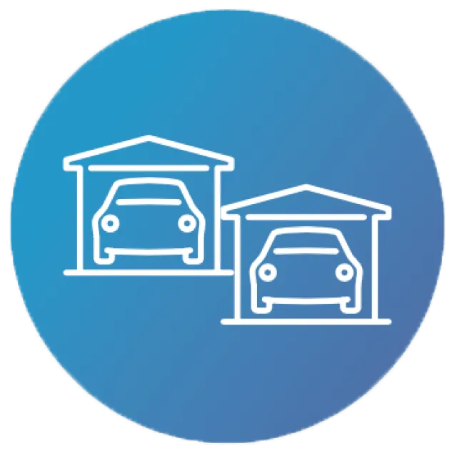 Blue circular icon showing two white garage outlines with cars inside