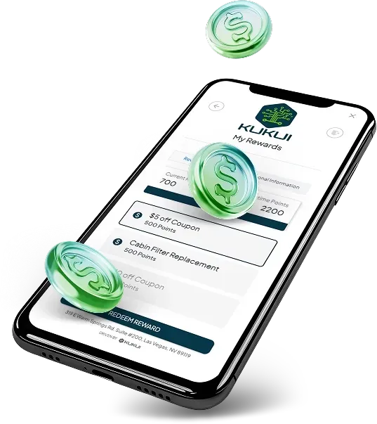 Smartphone displaying a loyalty app with floating green coin icons on a white background
