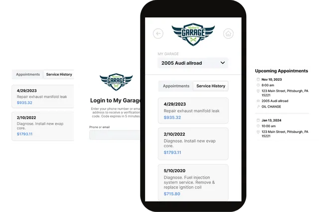 Mobile app mockup showing account login, appointments, and a “Shopping Appointments” schedule on a phone screen