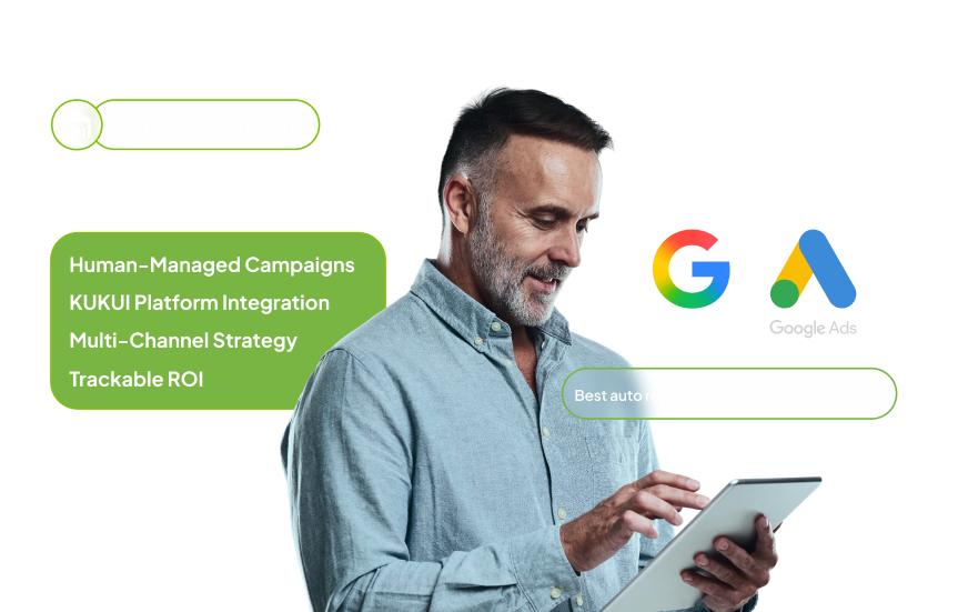 Man using a tablet beside Google and Google Ads logos with marketing text on white background