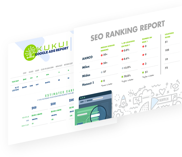 SEO ranking report dashboard with charts, metrics, and green branding on a white background