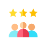 Three gold stars above three stylized people icons in orange, red, and teal.