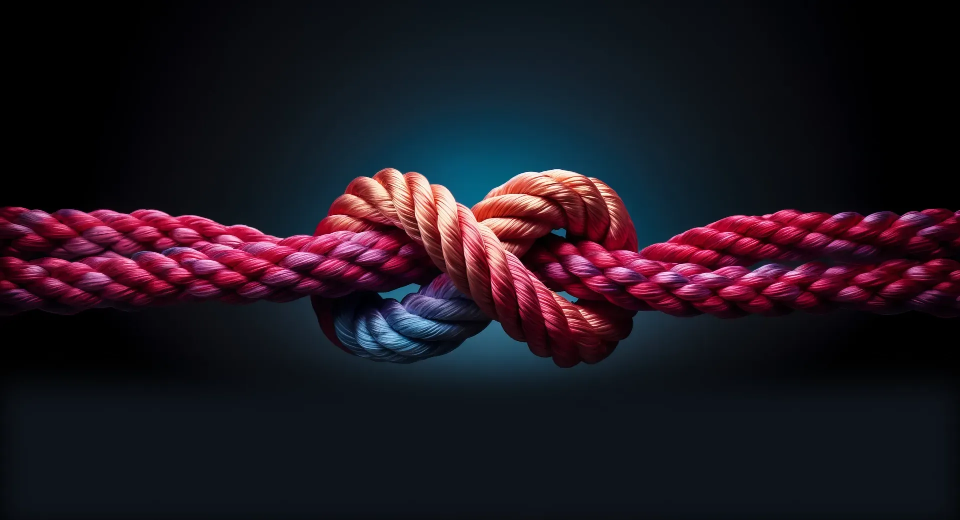 A close-up of two ropes tied in a knot, one magenta and one orange, against a dark background.