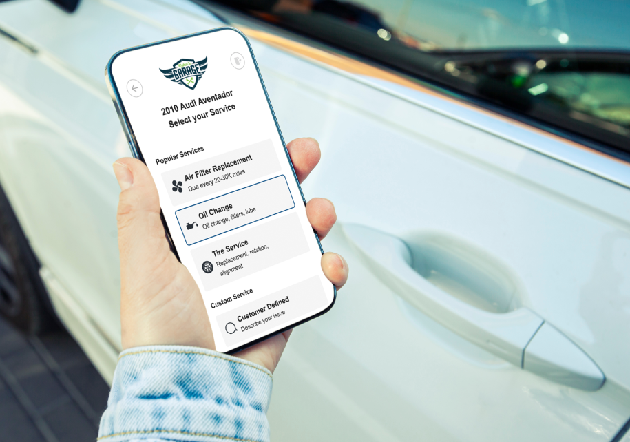 Hand holding a smartphone showing a car-sharing app beside a white car door