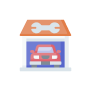 Car in a garage icon with an orange roof and blue doorway
