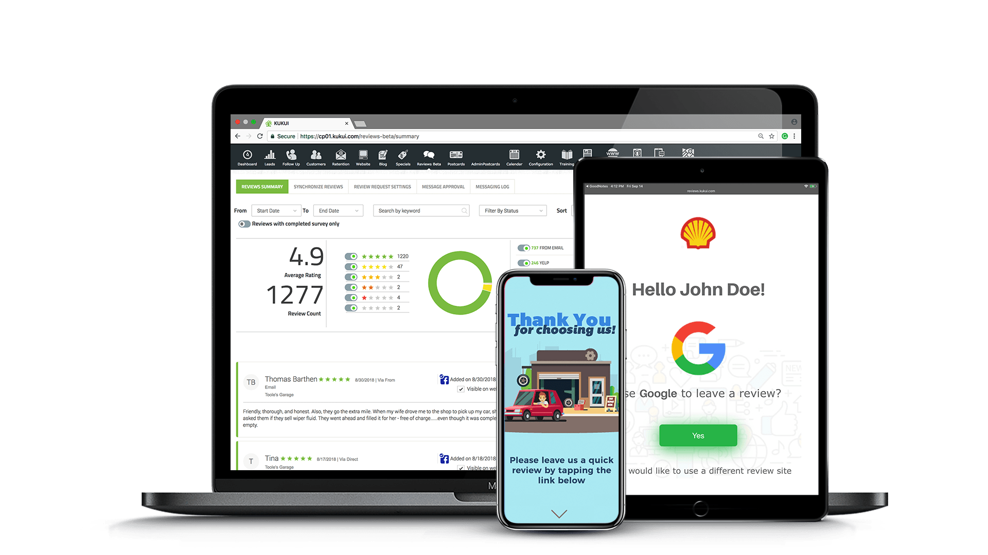 Laptop, tablet, and phone displaying a business dashboard and app login screens on a white background