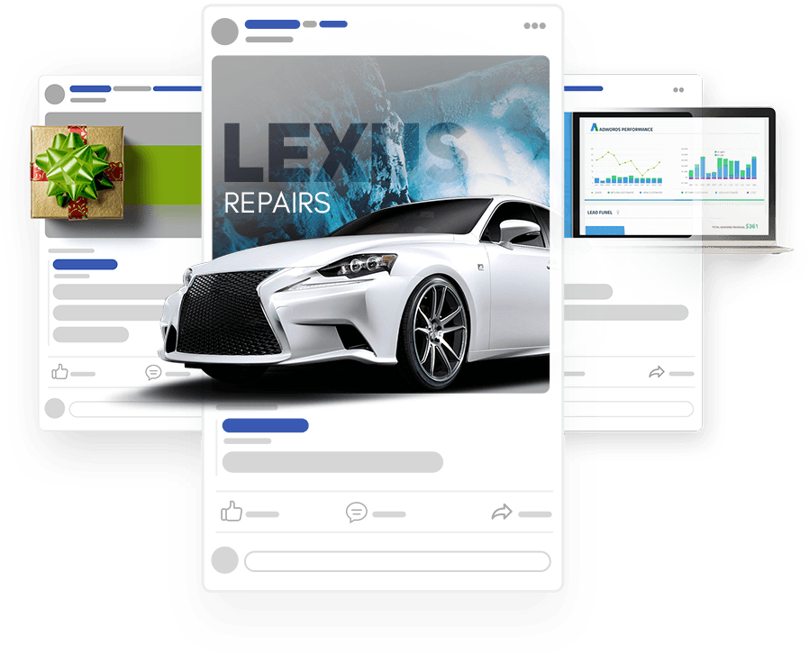 Car repair service website mockup with a white sports car and dashboard-style UI cards