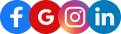 Social media icons for Facebook, Google, Instagram, and LinkedIn in colored circles
