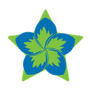 Green and blue floral emblem with a five-pointed star background