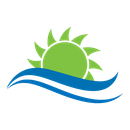 A green sun is rising over a blue wave.