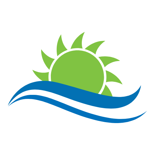 A green sun is rising over a blue wave.