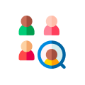 Two user icons with a magnifying glass searching one person icon