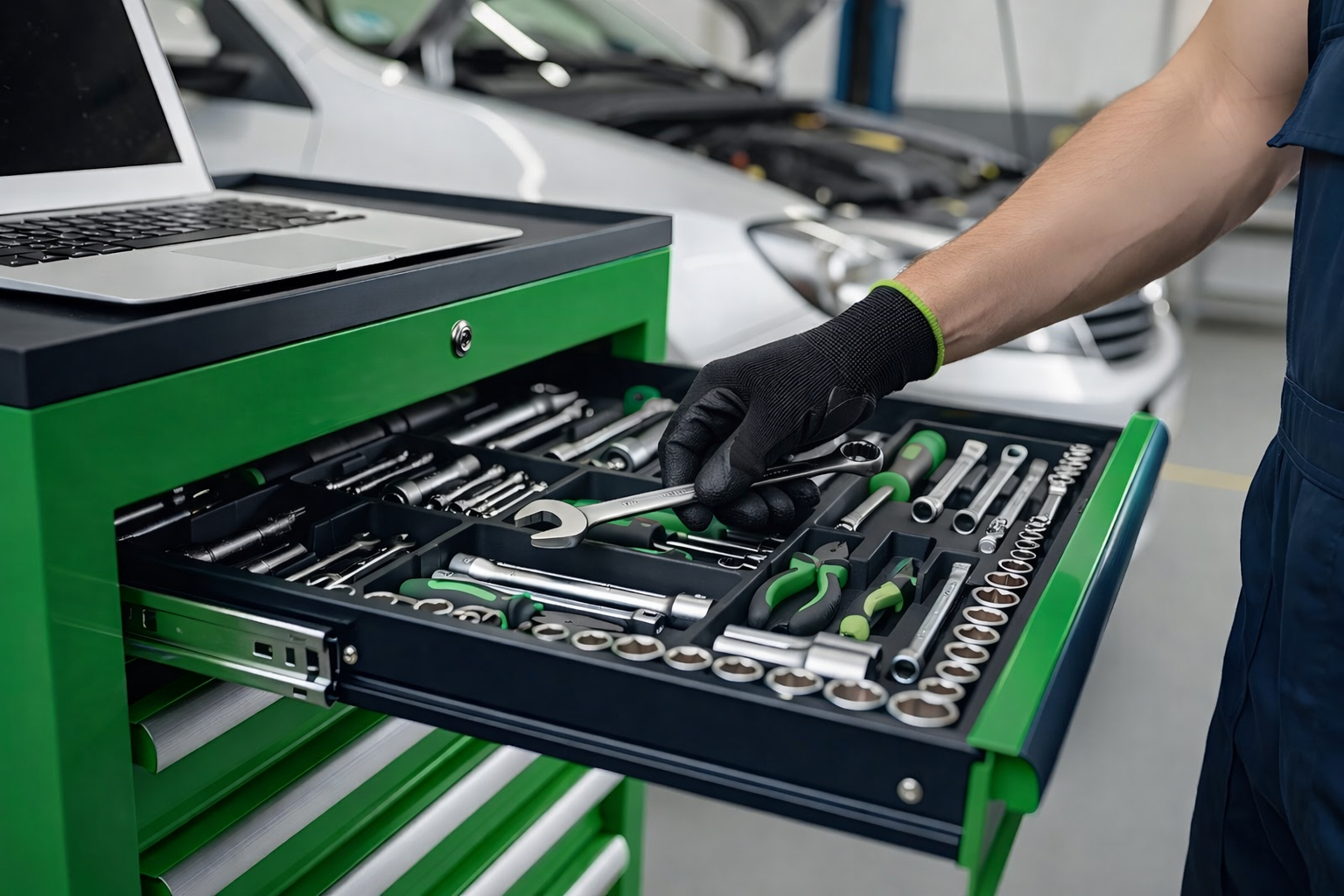 Up close to orange tool box, a technician holding a wrench, AI generated | KUKUI