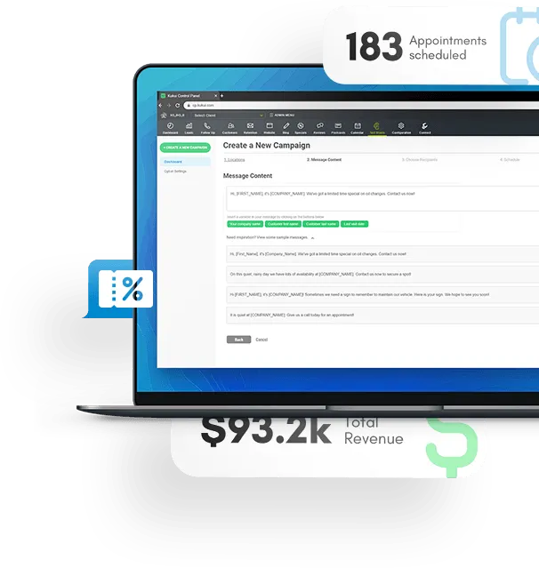 Laptop showing a web dashboard with appointment and revenue stats on a white background