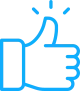 Blue outlined thumbs-up icon on a white background