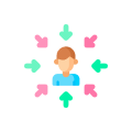 Person icon surrounded by colorful arrows pointing inward and outward