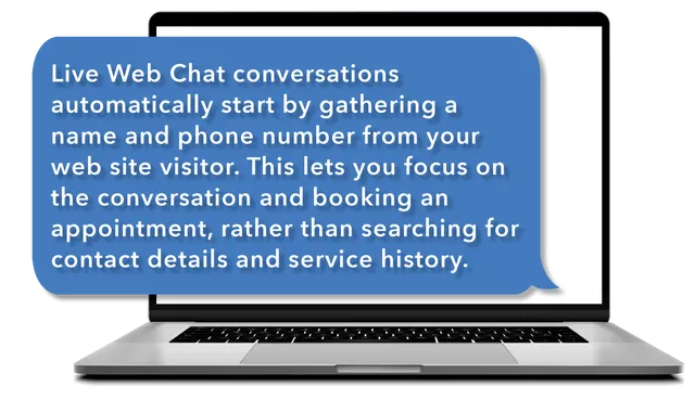 Laptop screen showing a blue panel about live web chat conversations and automated lead capture.