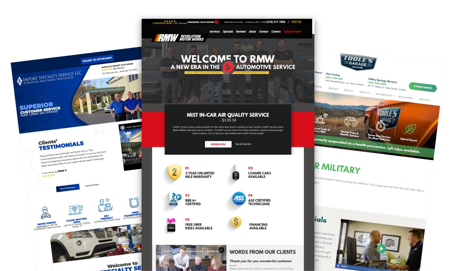 Collage of several website homepage mockups, centered on a dark mobile-style landing page with bright accent panels.
