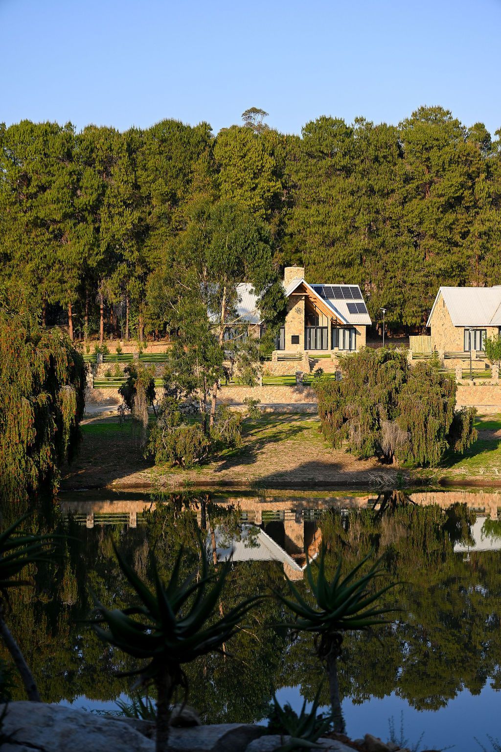 A building is being built in the middle of a field surrounded by trees.