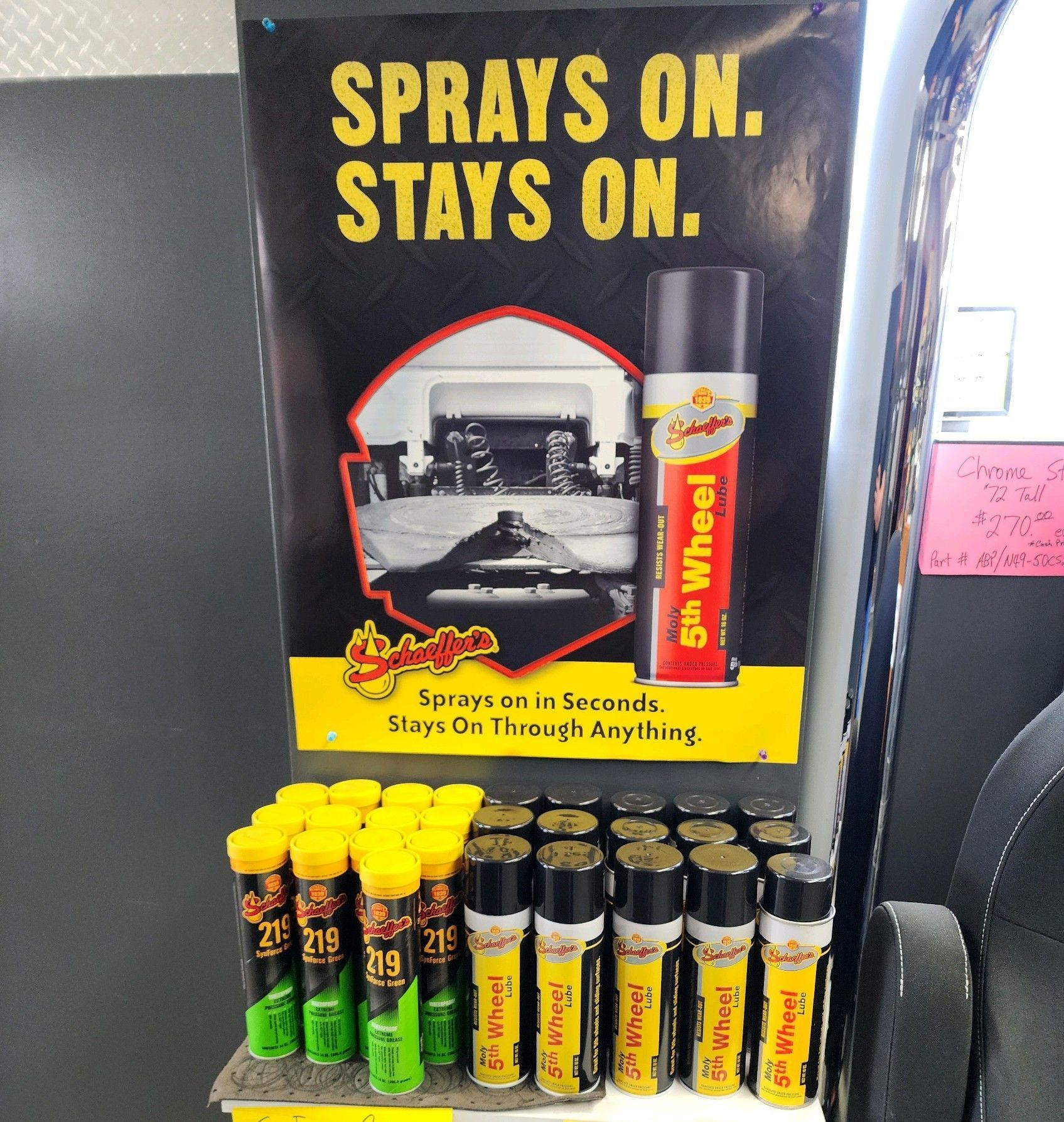 A poster that says sprays on stays on