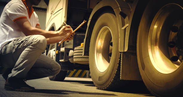 A man is kneeling down next to a truck and writing on a piece of paper.