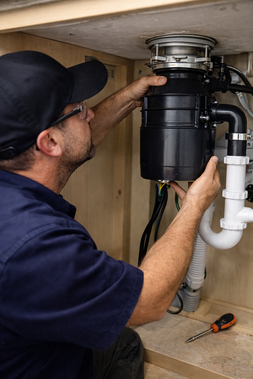 Plumber installing a garbage disposal under a kitchen sink. Wearing a hat and looking at the disposal.