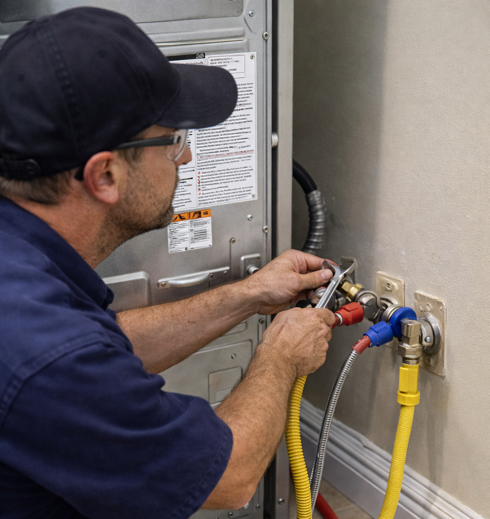 A person in a dark cap and glasses, repairs HVAC unit. They connect yellow and red hoses to the wall.