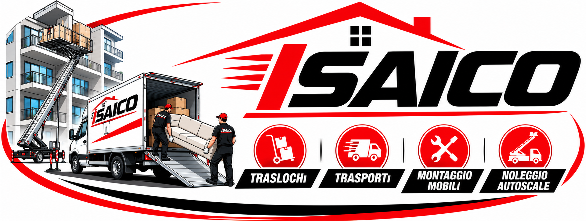 Logo SAICO con camion per traslochi, grafica del tetto rosso e quattro icone di servizio rosse su sfondo bianco.