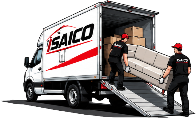 Due traslocatori scaricano un divano da un camion Saico utilizzando una rampa.
