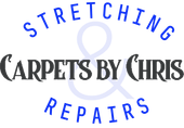 Logo: "Stretching & Repairs" above "Carpets by Chris", with light blue and gray text.