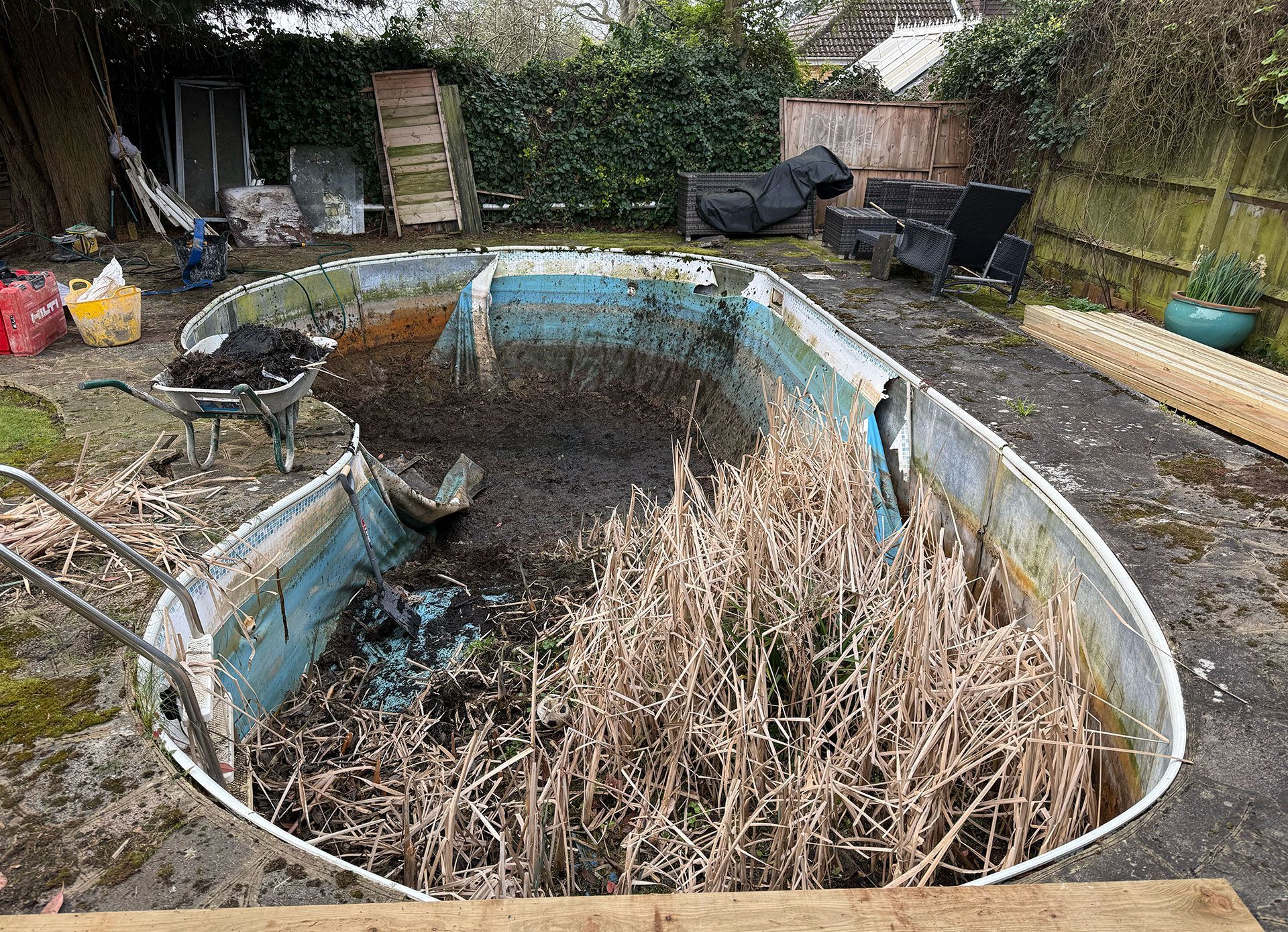 Abandoned empty pool full of dead plants and debris in a residential garden.