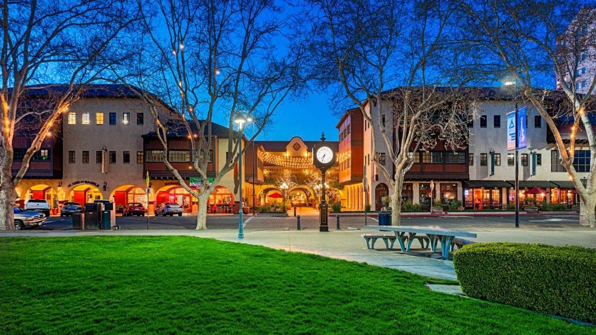 Todos Santos Plaza in Concord California with downtown buildings and community park