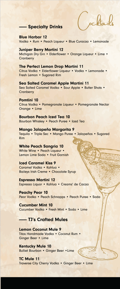 A menu for a restaurant with a martini glass on it