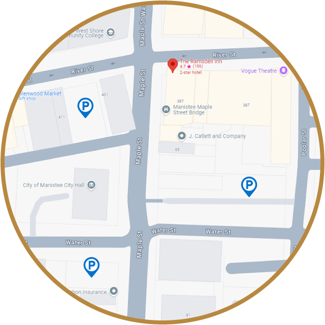 A map of a city with a circle around it
