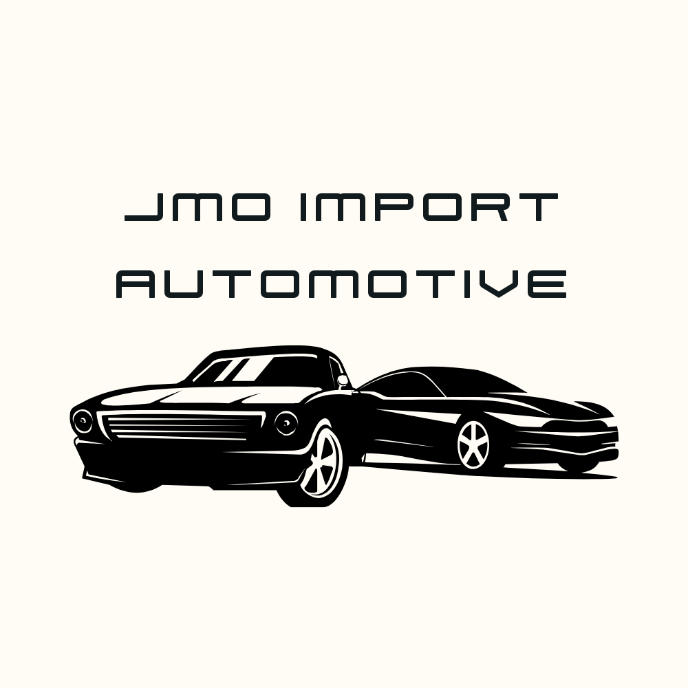 Logo for JMO Import Automotive featuring a black and white illustration of two cars side-by-side.