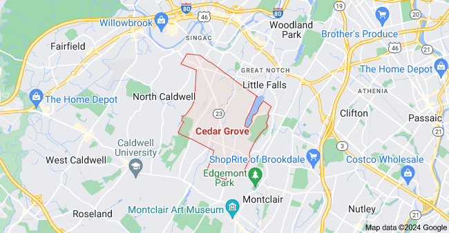 A map of Cedar Grove, New Jersey, showing streets, landmarks, and neighborhoods