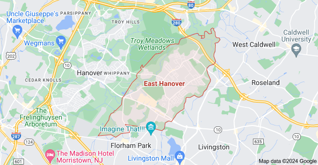 A map of East Hanover, New Jersey, showing streets, landmarks, and neighborhoods
