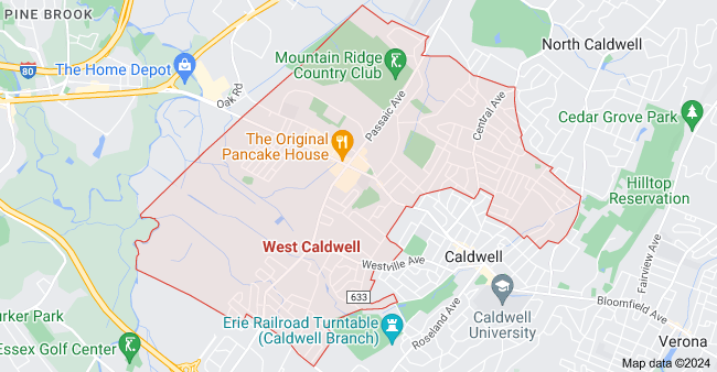 A map of West Caldwell, New Jersey, showing streets, landmarks, and neighborhoods