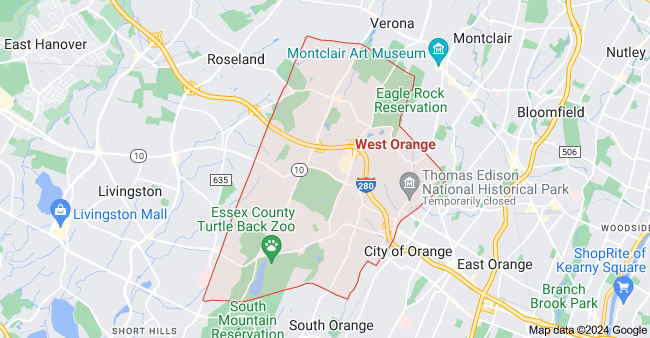 A map of West Orange, New Jersey, showing streets, landmarks, and neighborhoods