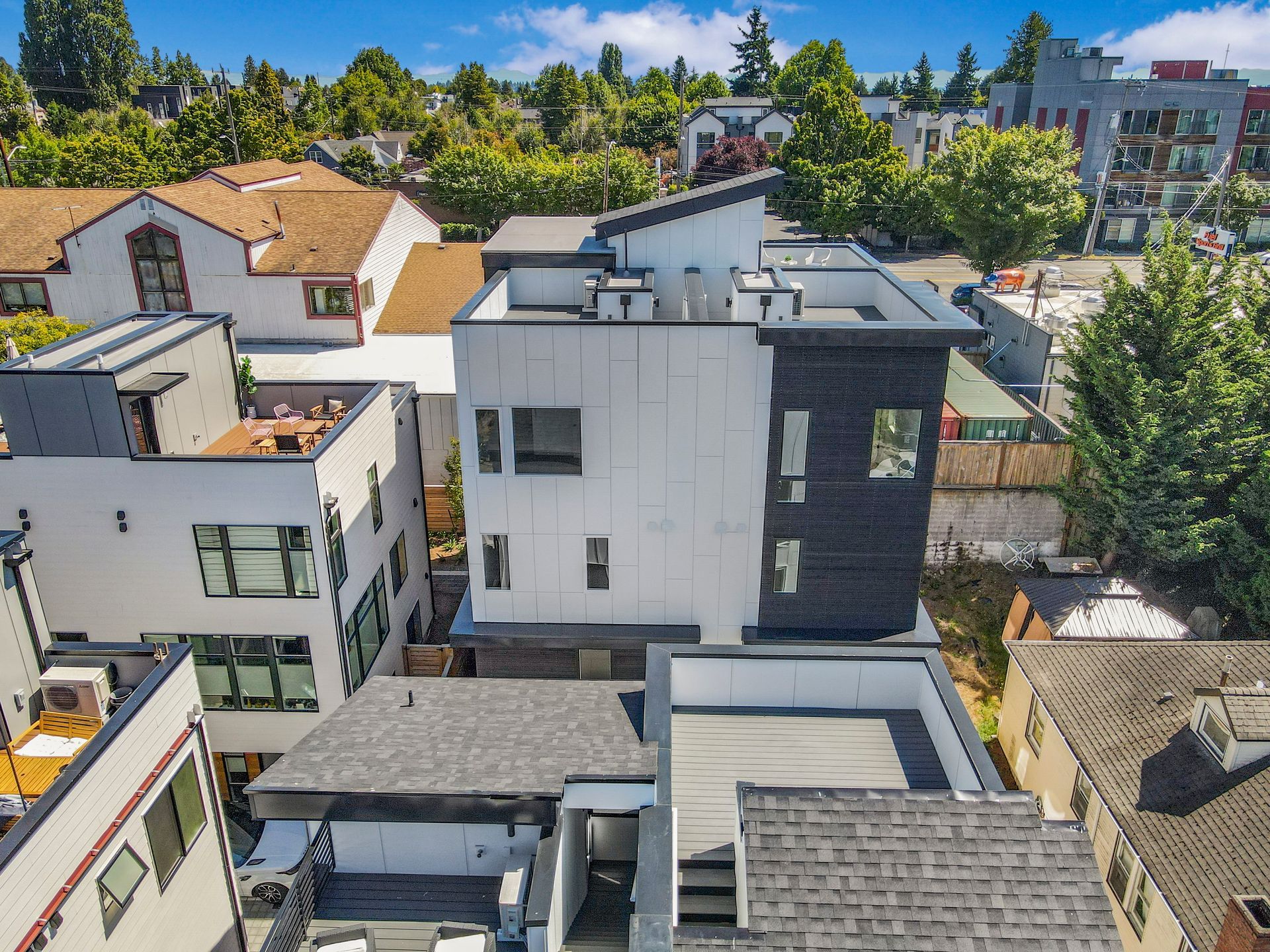 An aerial view of a building with a lot of windows
