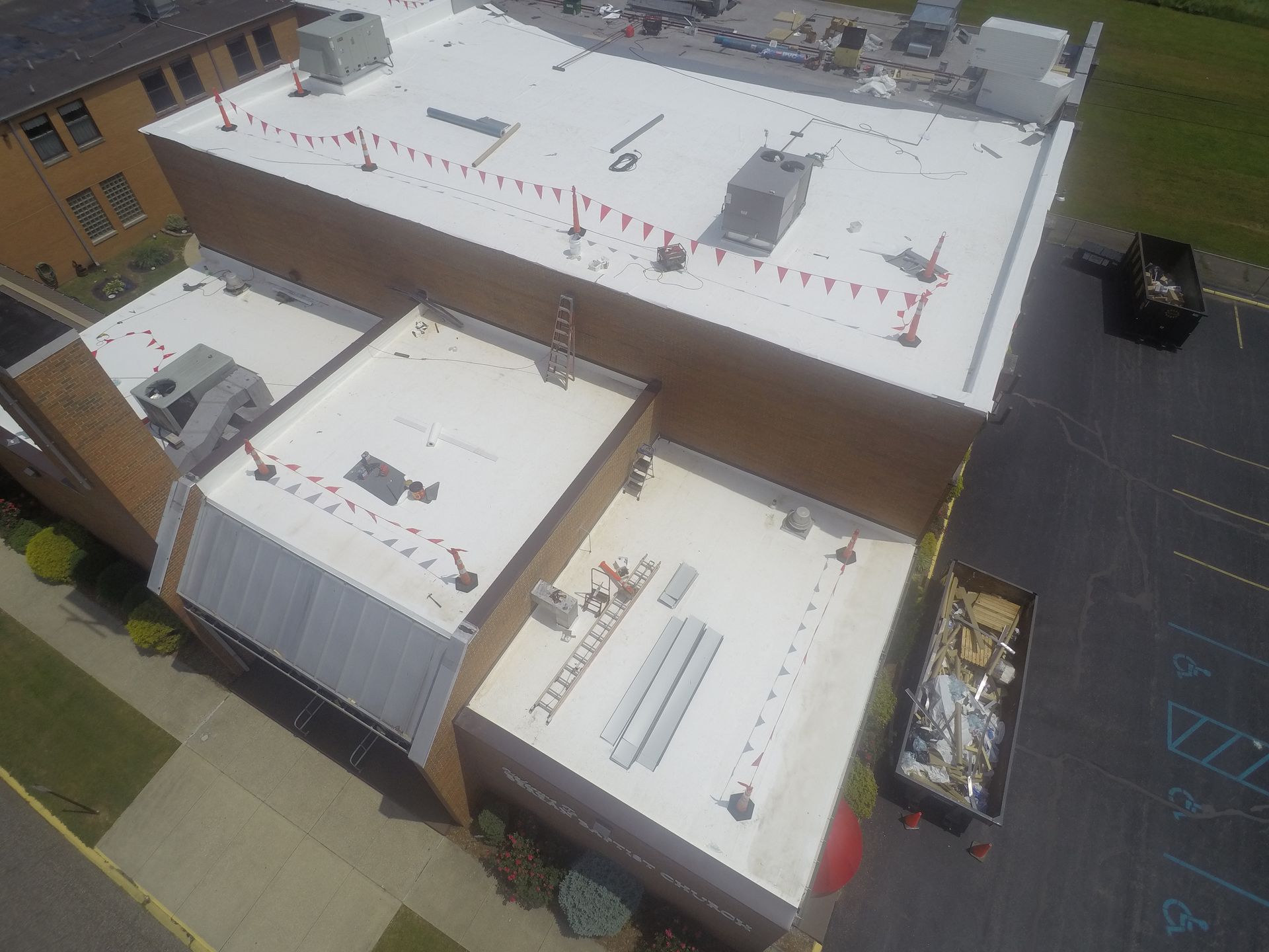 Bituminous membrane waterproofing system details and installation on flat rooftop. Bituminous membrane waterproofing system details and installation on flat rooftop.
