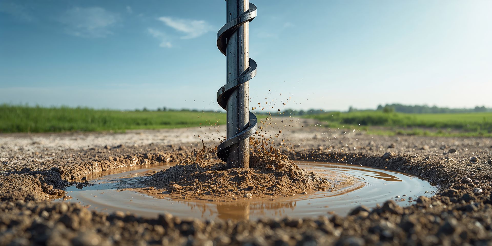 Close-up of auger drill bit creating a borehole; expert well drilling contractor service at work. Close-up of auger drill bit creating a borehole; expert well drilling contractor service at work.