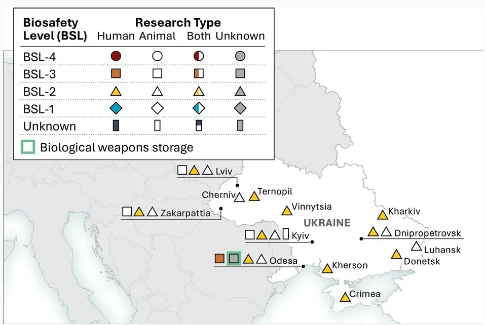 A map showing the locations of bio labs in Ukraine, as outlined by the U.S. Director of National Intelligence June 12, 2026. | ODNI
