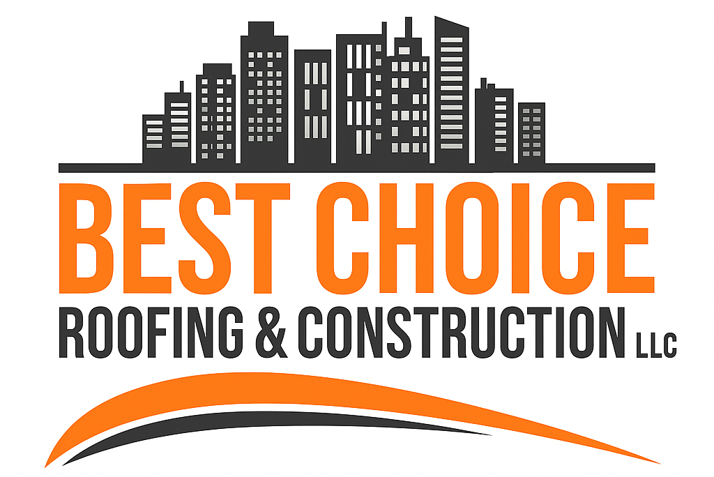 Logo for Best Choice Roofing & Construction LLC, with a cityscape and orange accents.