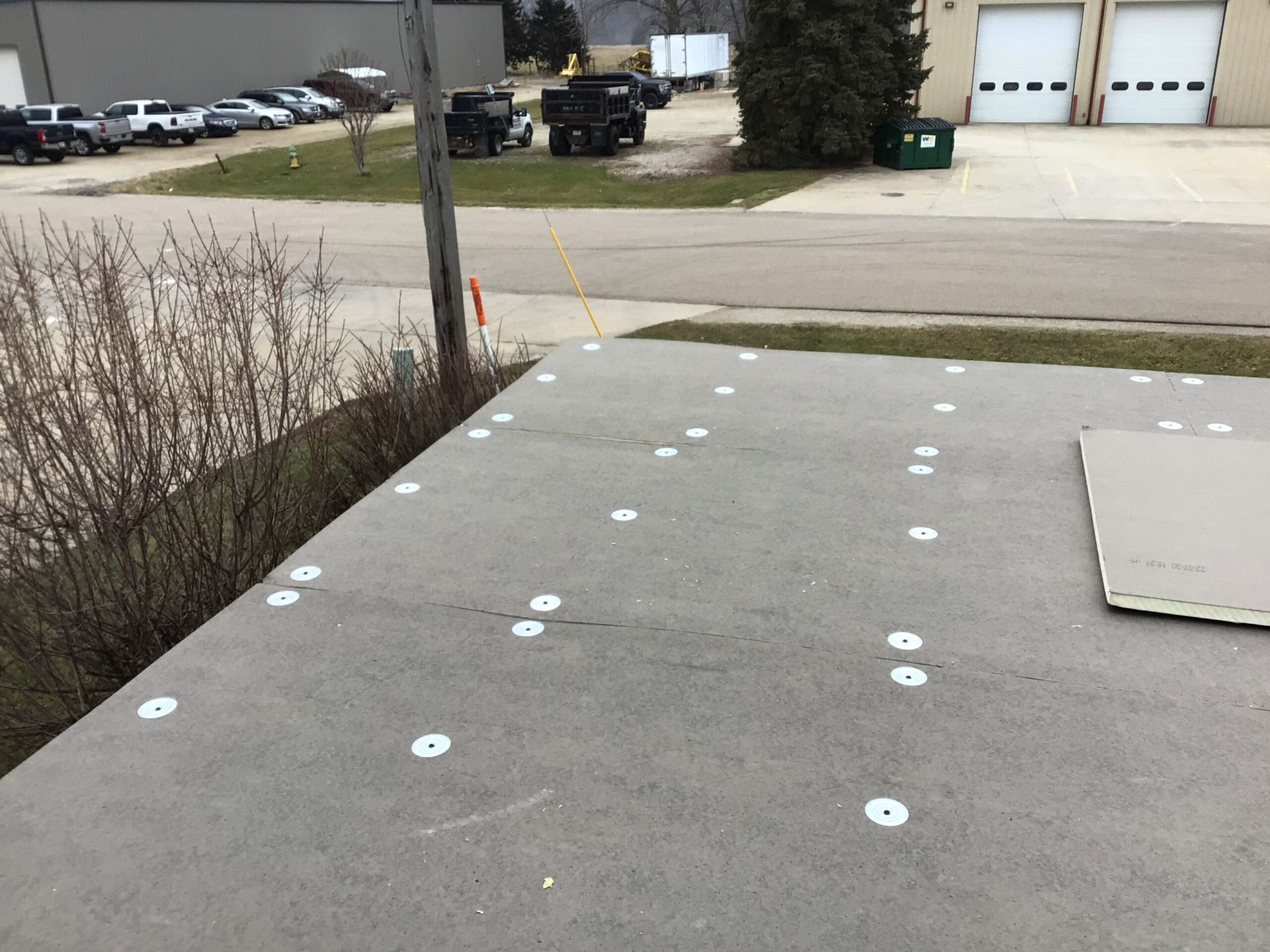 Gray concrete with white circles, cardboard, next to bushes, road, and industrial buildings.