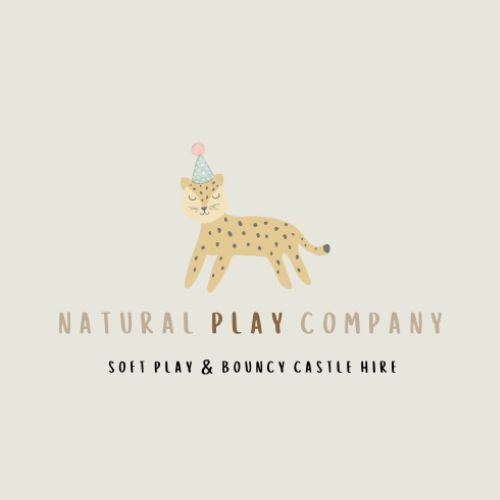 A logo for natural play company with a cheetah wearing a party hat