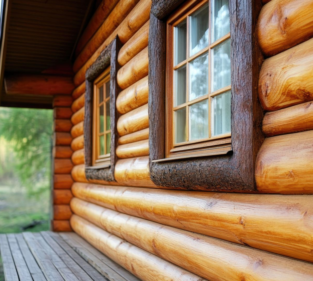Wooden log cabin exterior with windows and a porch, set beside a forest of tall trees Wooden log cabin exterior with windows and a porch, set beside a forest of tall trees