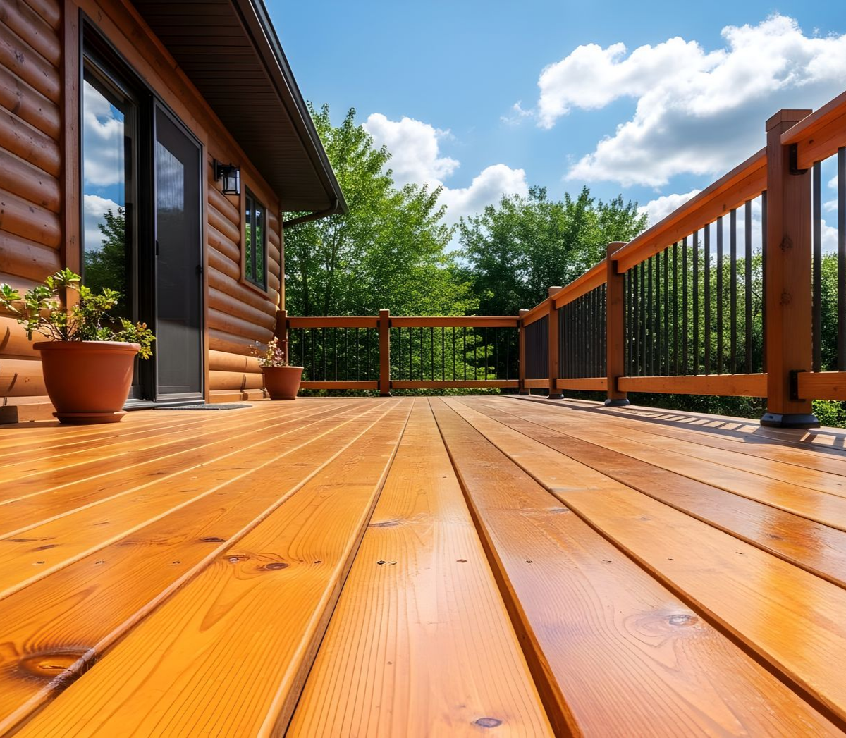 Sunlit wooden deck beside a log house, with potted plant and railing under a blue sky. Sunlit wooden deck beside a log house, with potted plant and railing under a blue sky.