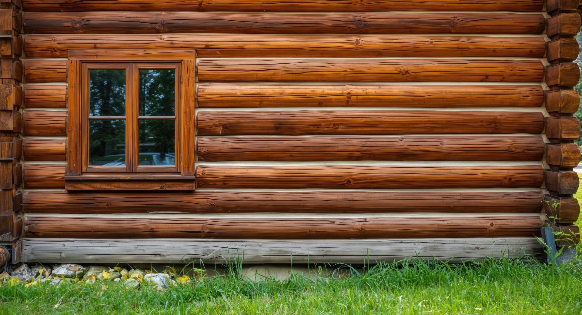Wooden log cabin wall with a small window above green grass.